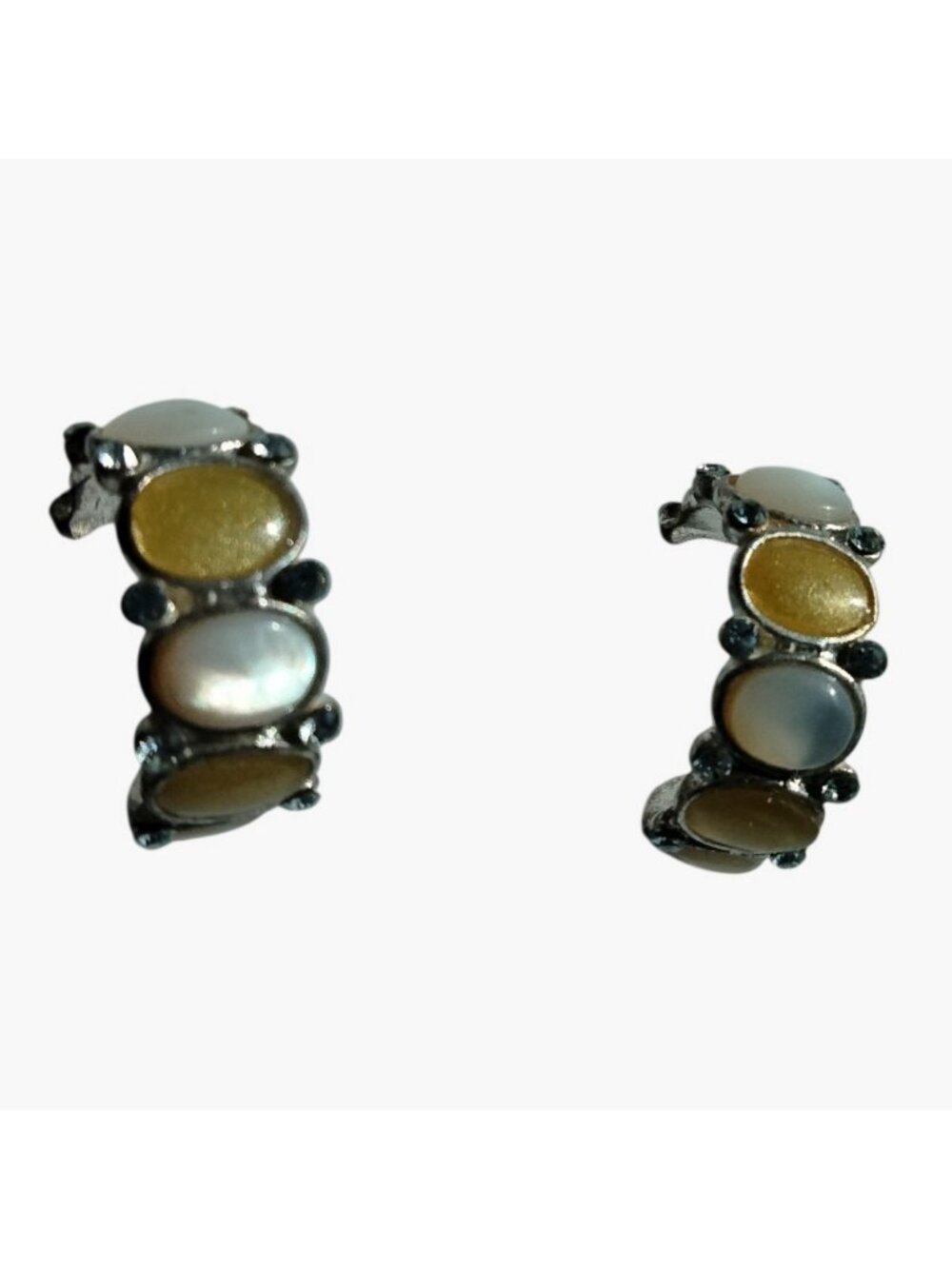 Vintage Half Hoop Earrings Yellow White Cabochon Stones Silver Accents